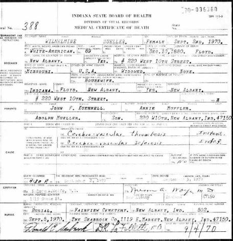Wilhelmina Mueller death certificate