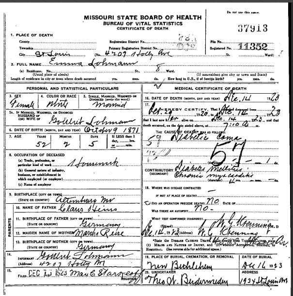 Emma Lohmann death certificate