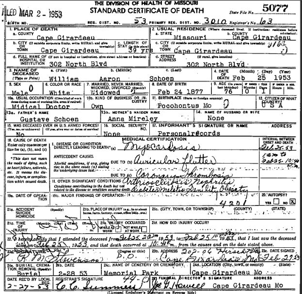 Dr. William A Schoen death certificate