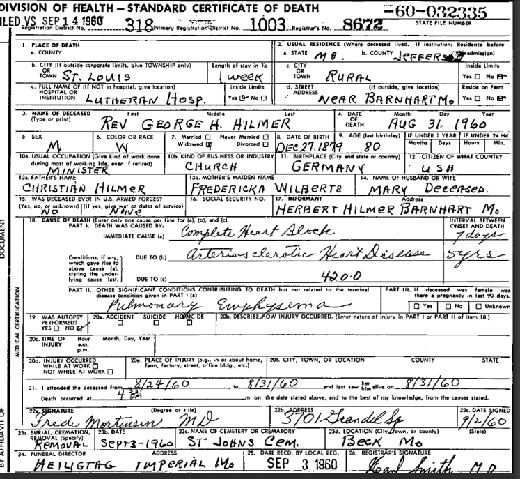 Rev. George Hilmer death certificate