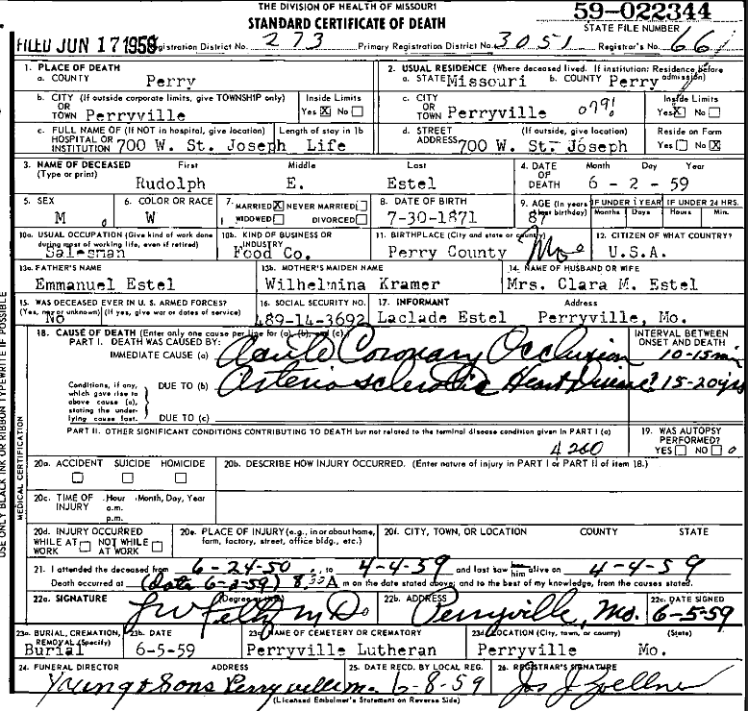 Rudolph Estel death certificate