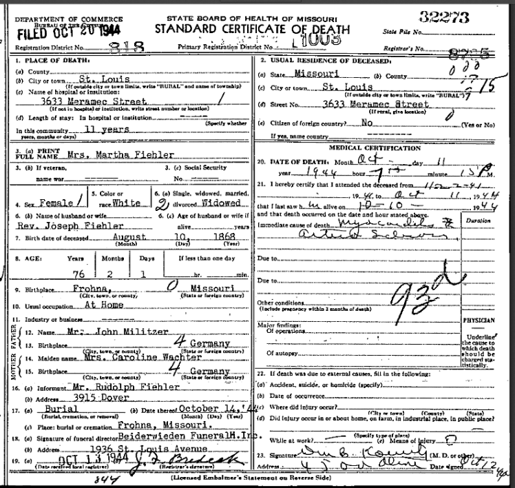 Martha Fiehler death certificate
