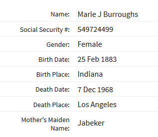 Marie Burroughs CA death record