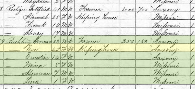Eva Ruehling 1870 census Brazeau Township MO
