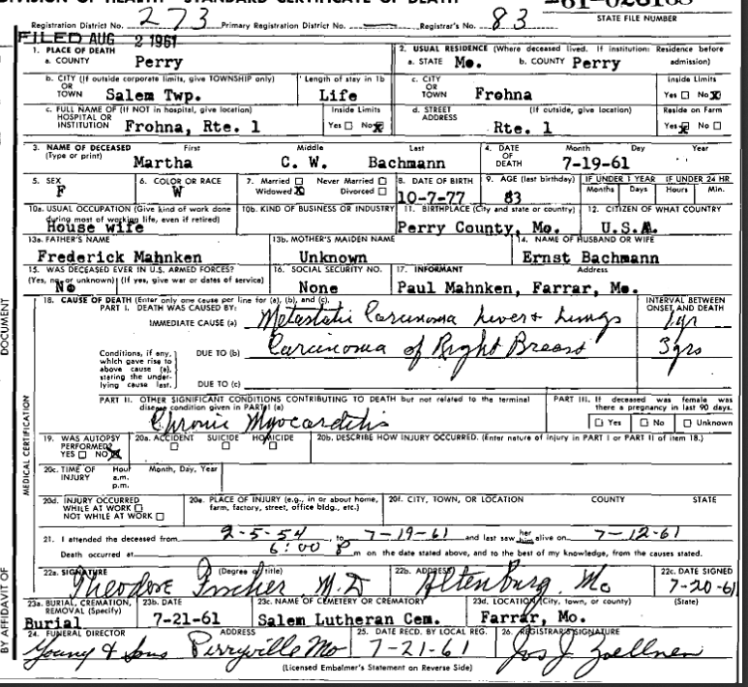 Martha Bachmann death certificate