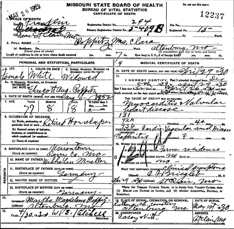 Clara Poppitz death certificate