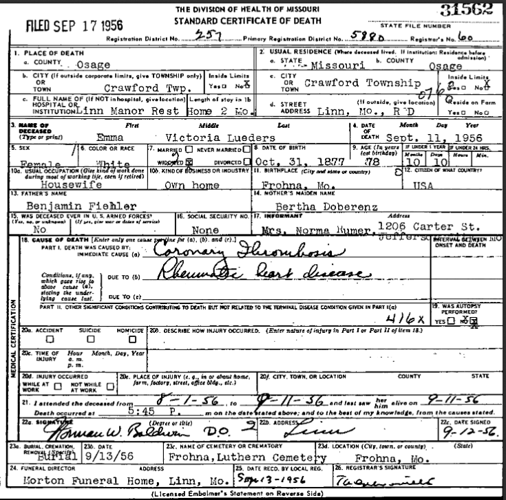 Emma Lueders death certificate
