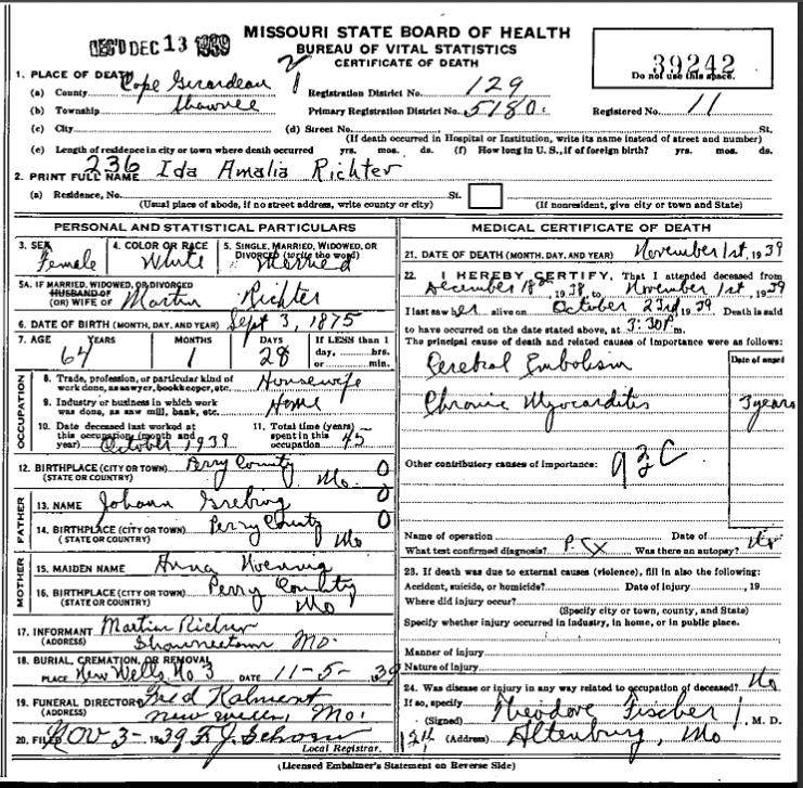 Ida Richter death certificate