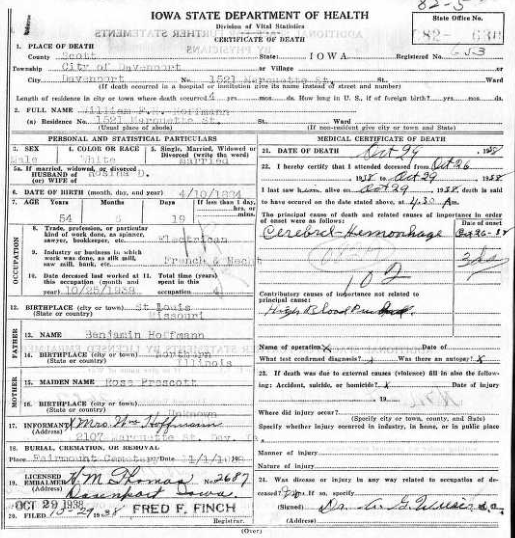 William F H Hoffmann death certificate IA