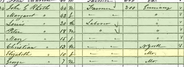 Elizabeth Roth 1850 census Brazeau Township MO