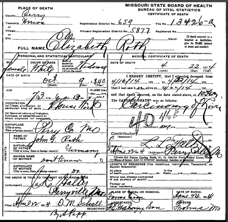 Elizabeth Roth death certificate