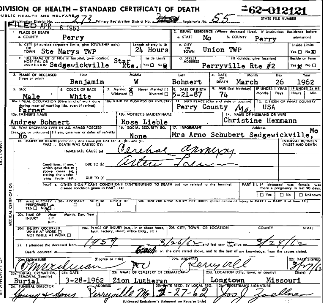 Benjamin Bohnert death certificate