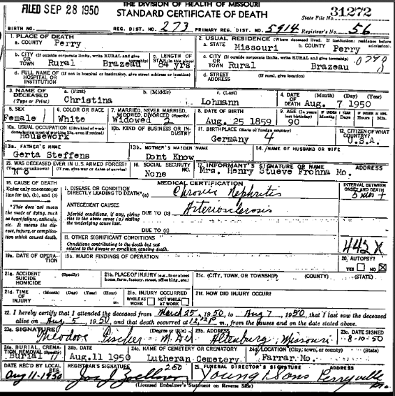 Christine Lohmann death certificate