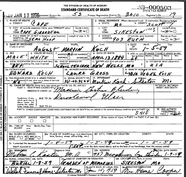 August Koch death certificate
