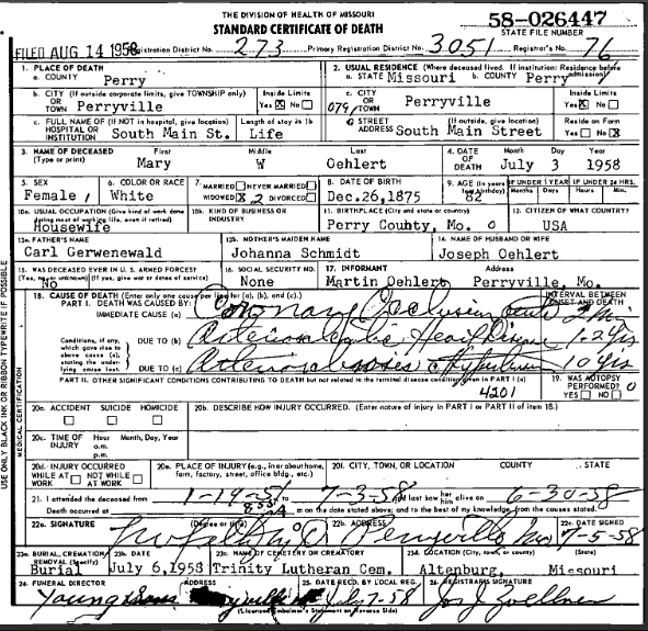 Mary Oehlert death certificate