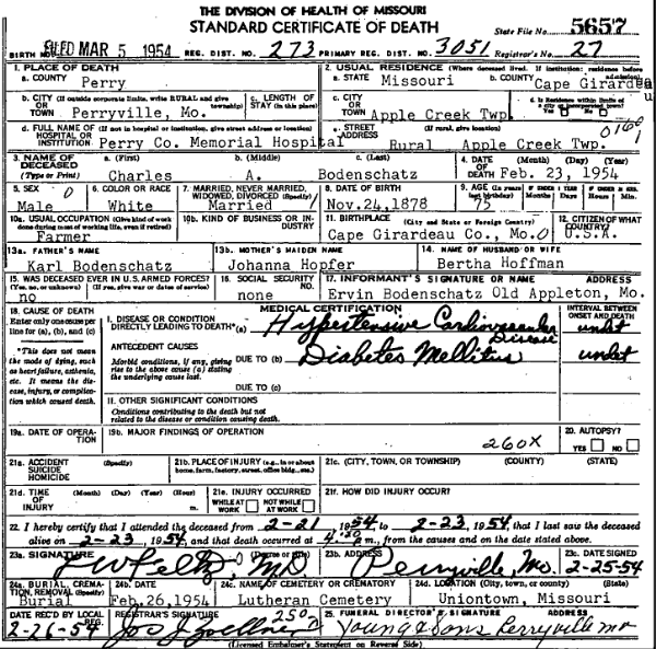 Charles Bodenschatz death certificate