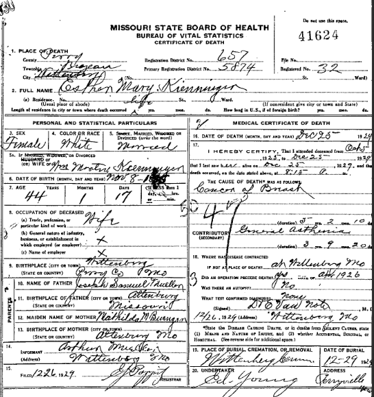 Esther Kieninger death certificate