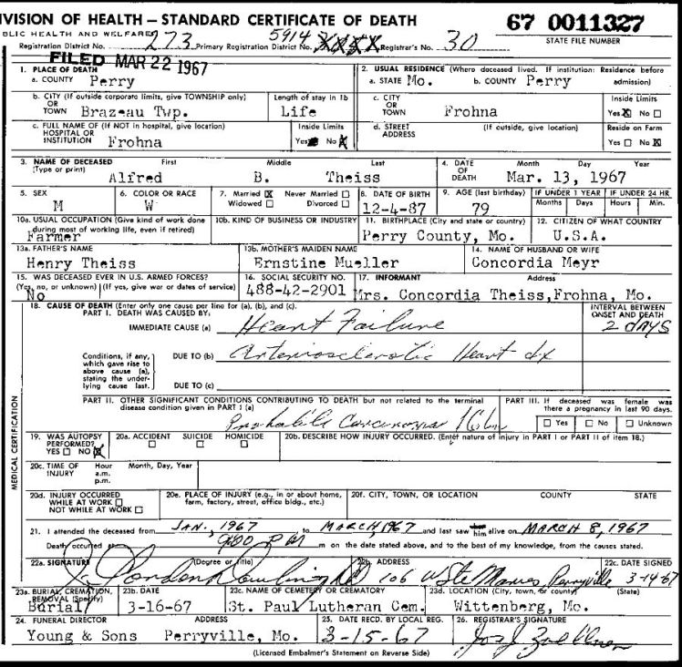 Alfred Theiss death certificate