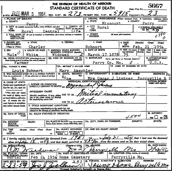 Charley Bohnert death certificate