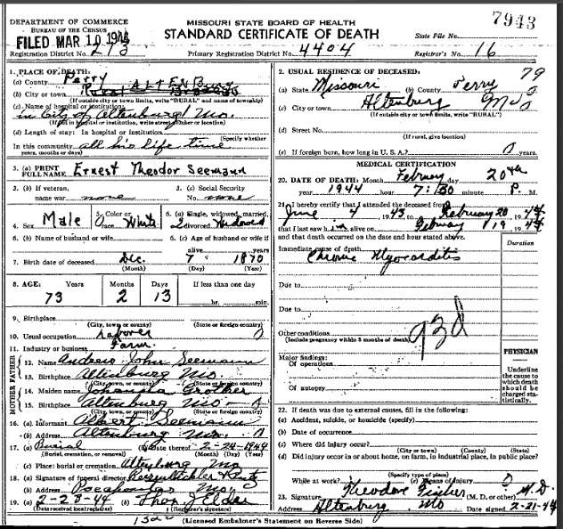 Theodore Seemann death certificate