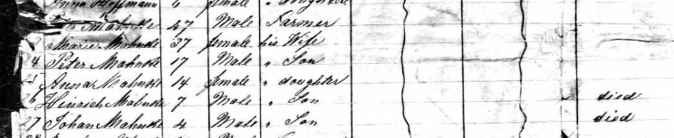Peter Mahnke family O Thyen passenger list 1857