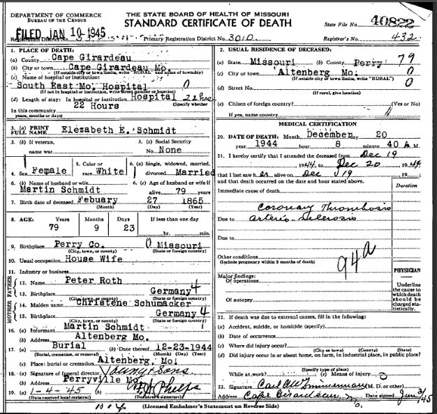 Elizabeth Maria Schmidt death certificate