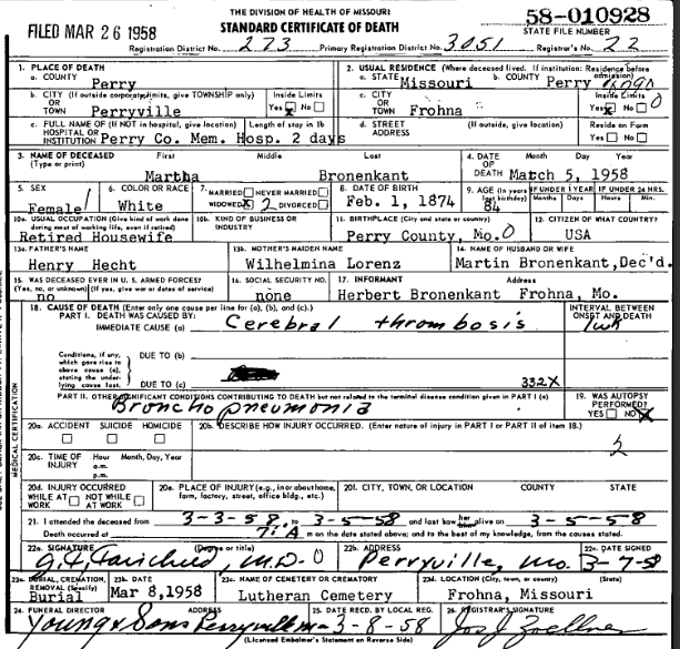 Martha Bronenkant death certificate