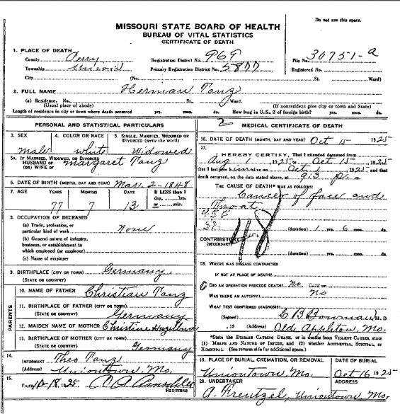 Herman Tanz death certificate