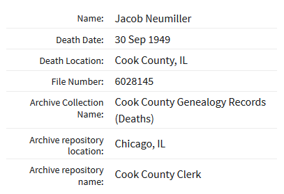Jacob Neumueller death record Chicago IL