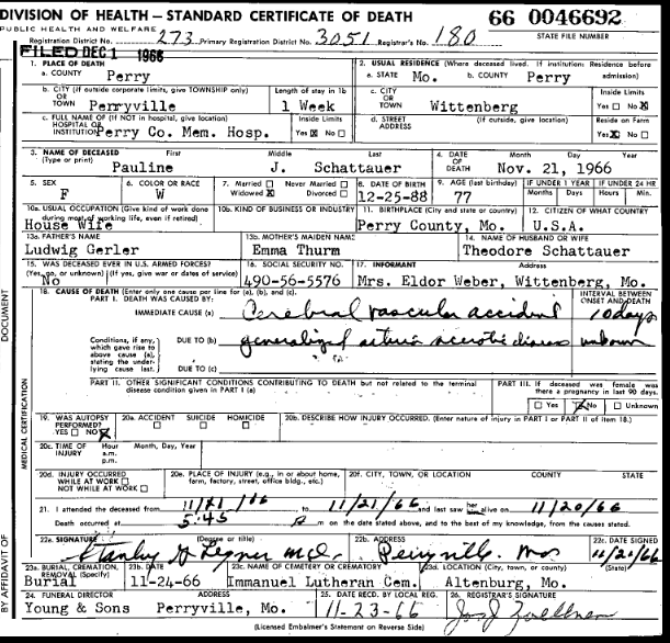 Pauline Schattauer death certificate