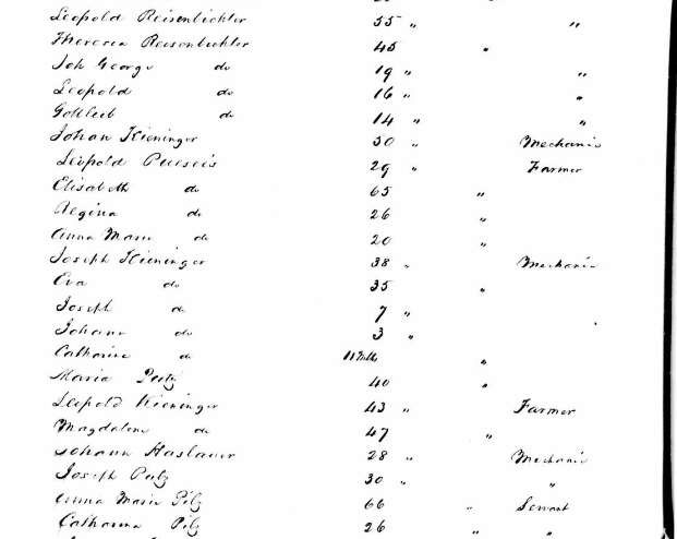 Joseph Putz passenger list 1858 including other local names