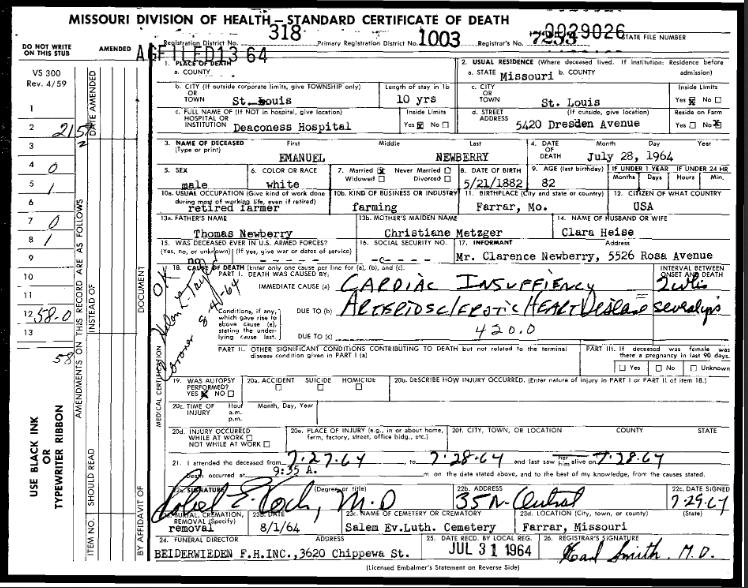 Emanuel Newberry death certificate