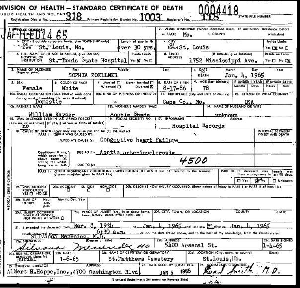 Sophia Zoellner death certificate