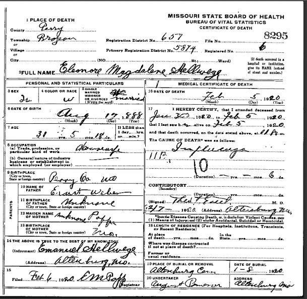 Nora Hellwege death certificate