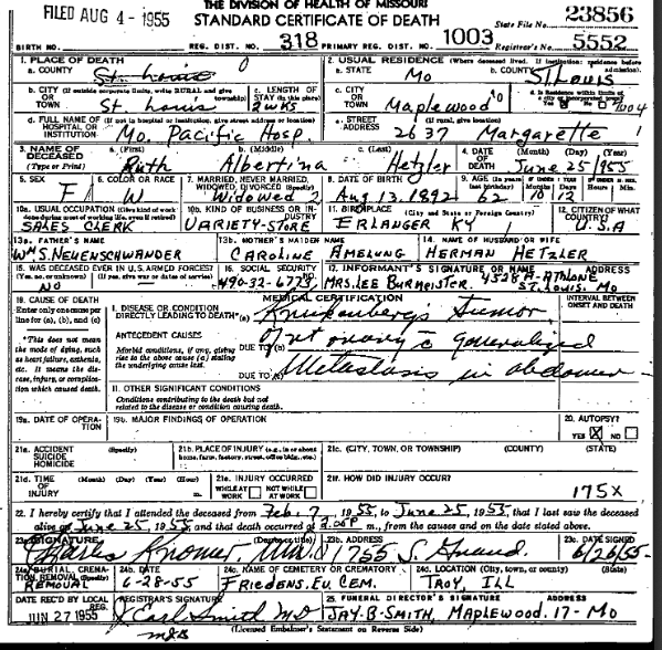 Ruth Hetzler death certificate