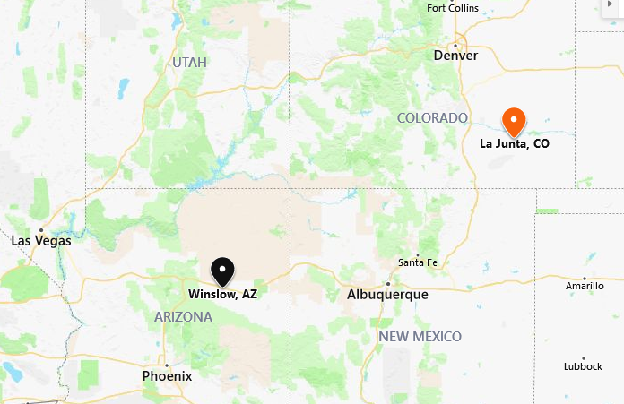 Winslow AZ and La Junta CO map
