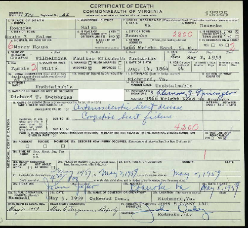 Wilhelmine Zacharias Virginia death certificate
